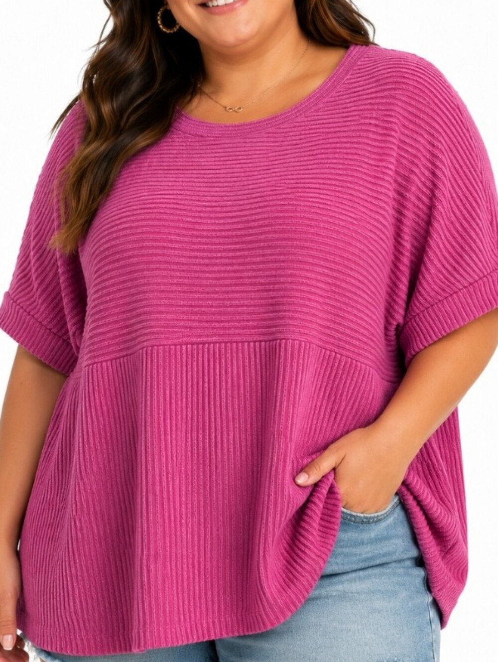 Evaless Ribbed Knit Top Womens 2XL Pink Short Sleeve Textured Crew Neck Tee NEW